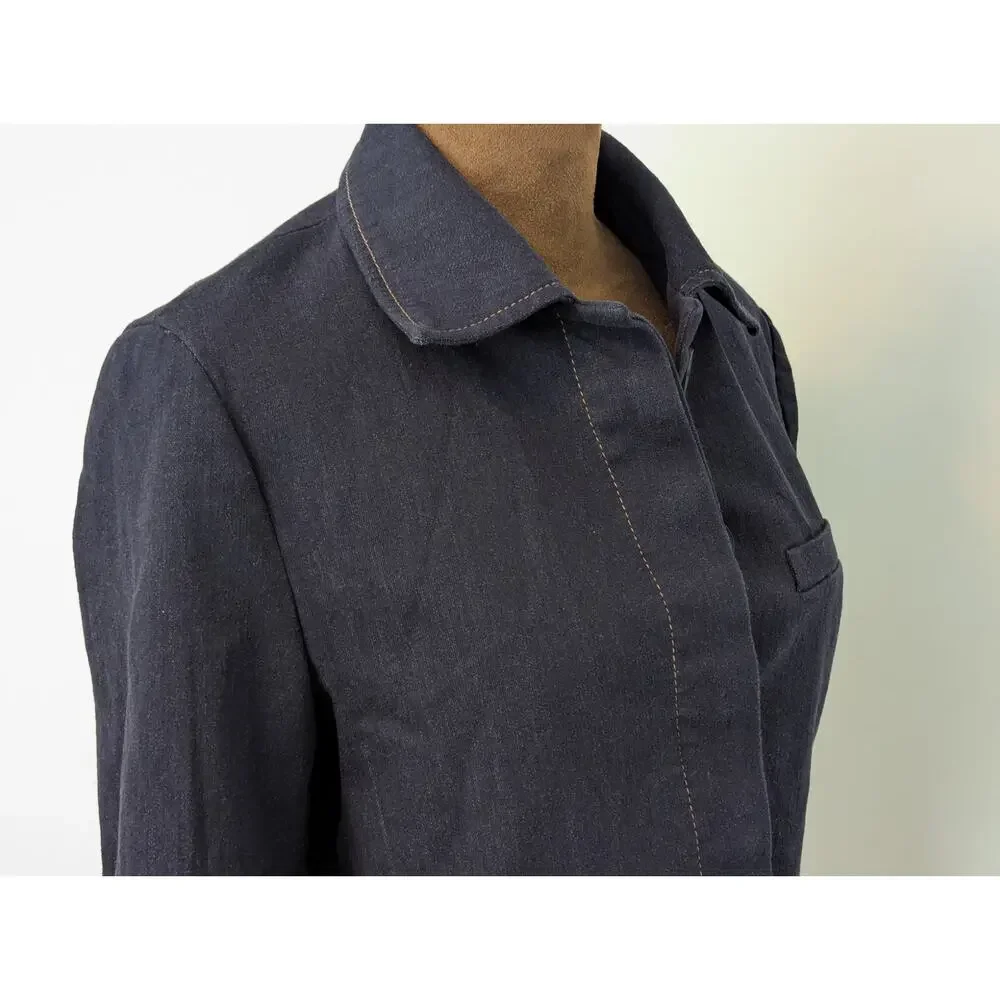 Zara Cropped Suit Jacket Coat Dark Blue Stretchy Denim Button Up Sz M